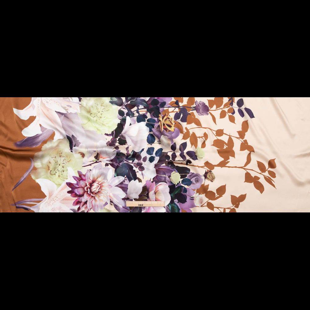 Mood Exclusive Italian Brown, Evening Rose and Mint Floral Border Digitally Printed Silk Charmeuse Full