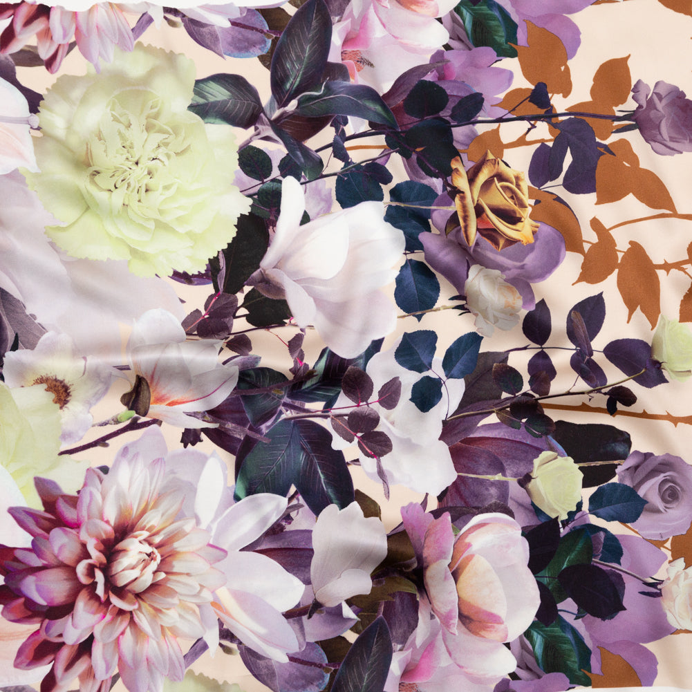 Mood Exclusive Italian Brown, Evening Rose and Mint Floral Border Digitally Printed Silk Charmeuse