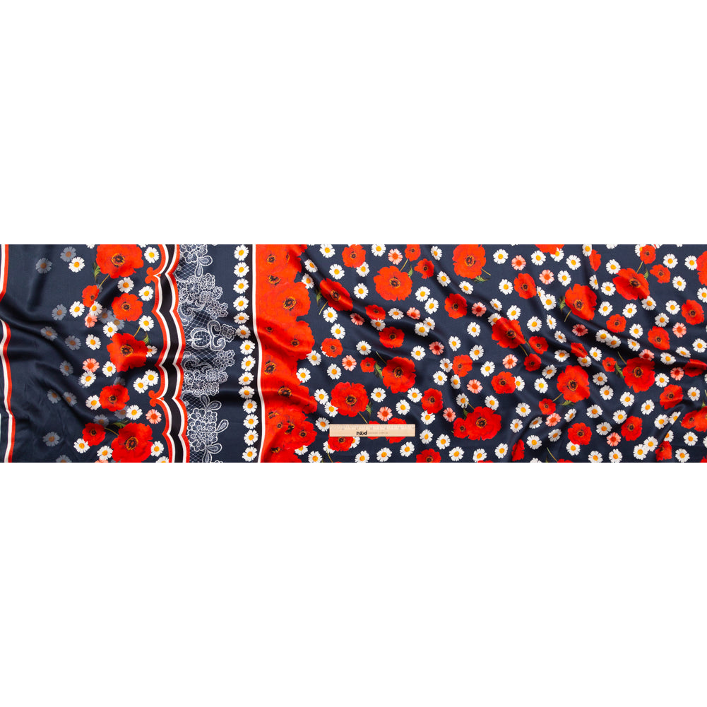 Mood Exclusive Italian Navy, Red and Gray Floral Border Digitally Printed Silk Charmeuse Folded