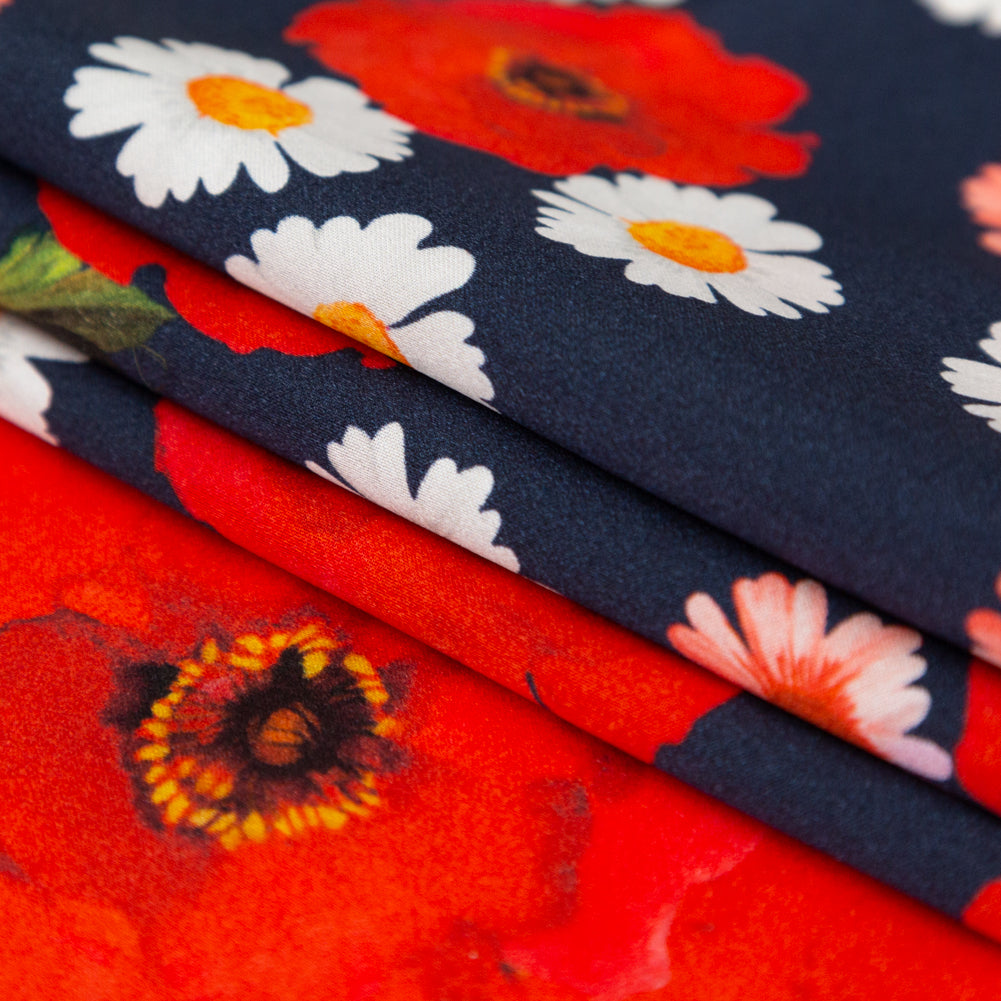 Mood Exclusive Italian Navy, Red and Gray Floral Border Digitally Printed Silk Charmeuse Detail