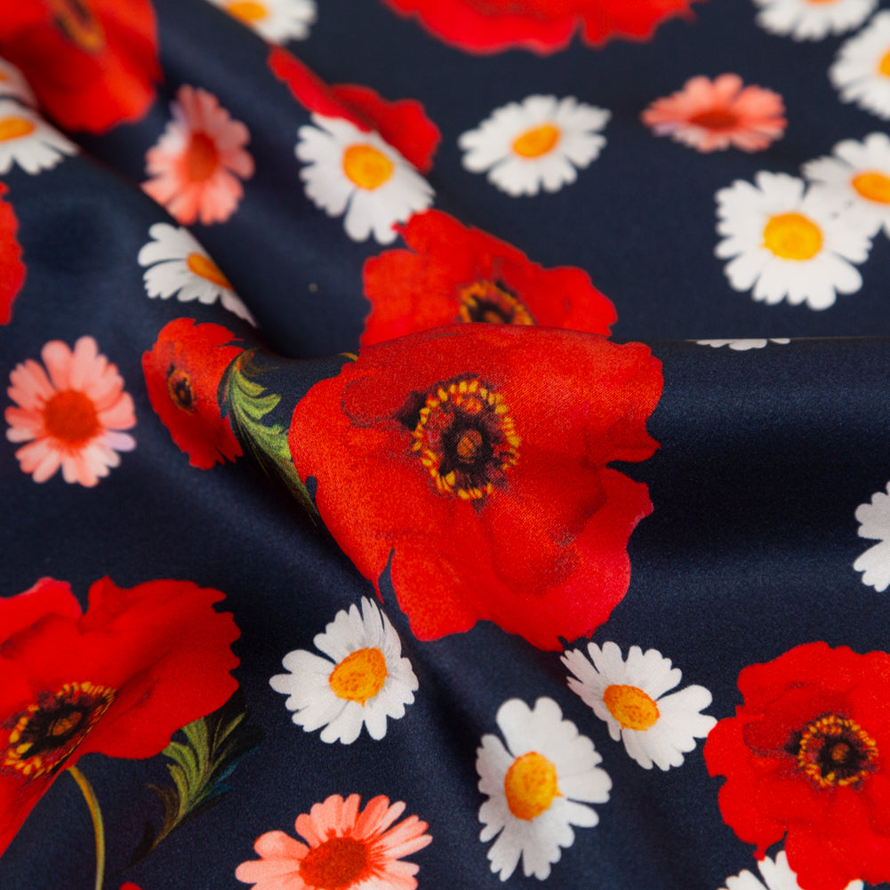 Mood Exclusive Italian Navy, Red and Gray Floral Border Digitally Printed Silk Charmeuse Full