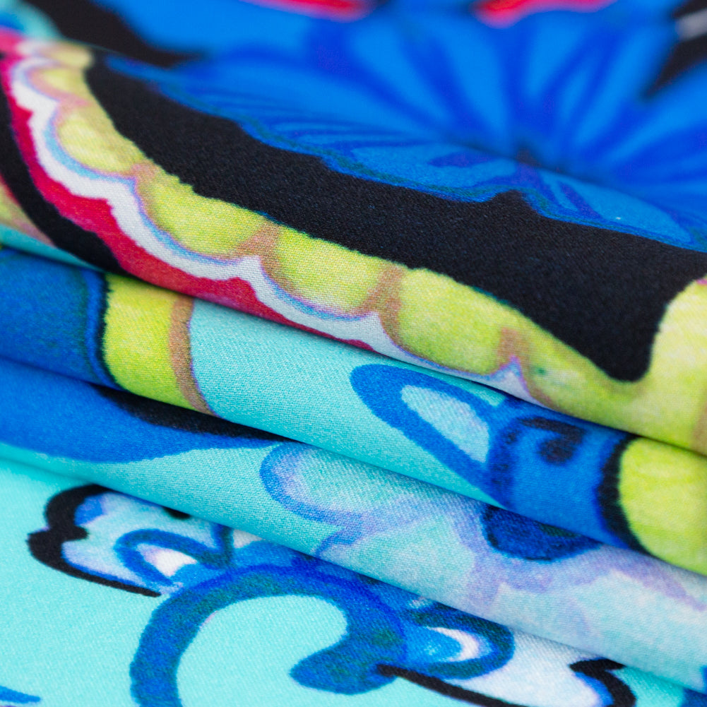 Italian Baleine Blue, Lime and Azalea Pink Paisley Digitally Printed Silk Charmeuse - Folded