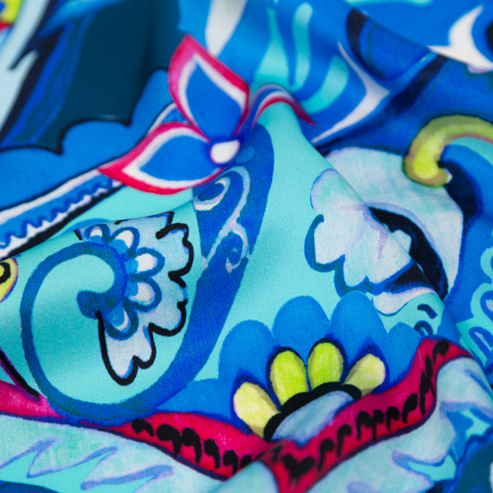 Italian Baleine Blue, Lime and Azalea Pink Paisley Digitally Printed Silk Charmeuse - Detail