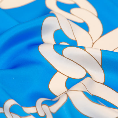 Italian Cerulean Blue and Almond Milk Large Chains Digitally Printed Silk Charmeuse - Detail