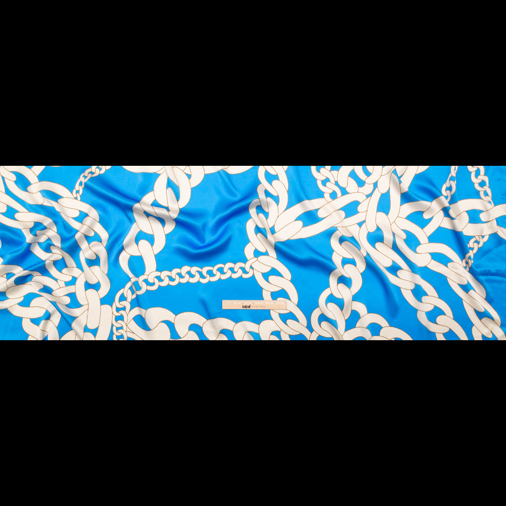 Italian Cerulean Blue and Almond Milk Large Chains Digitally Printed Silk Charmeuse - Full