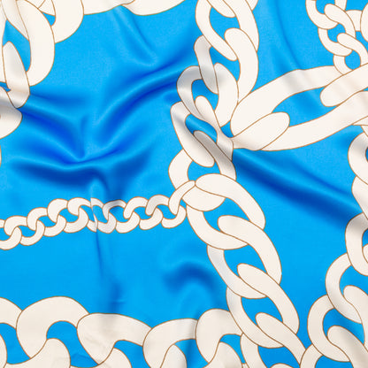 Italian Cerulean Blue and Almond Milk Large Chains Digitally Printed Silk Charmeuse