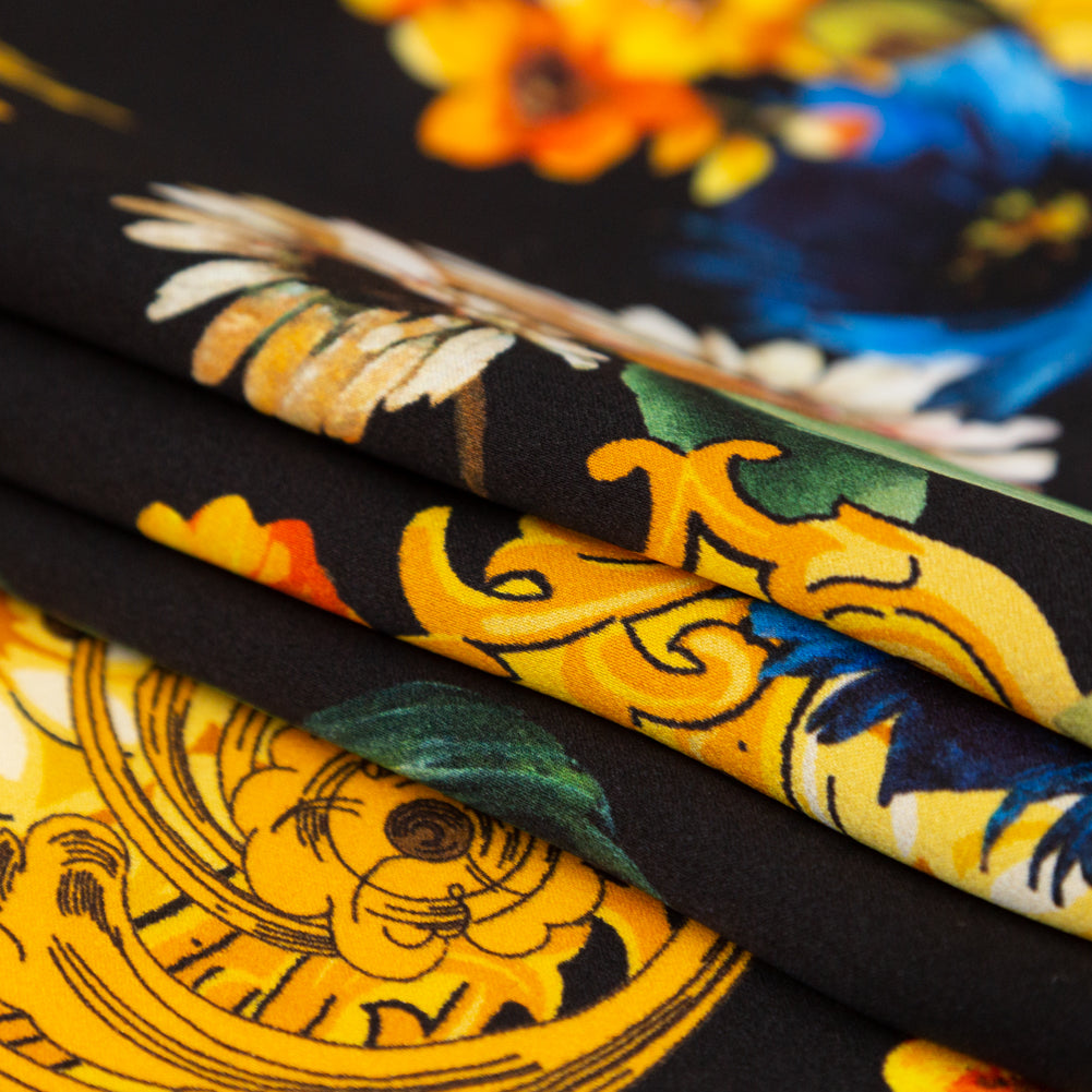 Mood Exclusive Italian Black and Gold Ornate Floral Digitally Printed Silk Charmeuse Folded