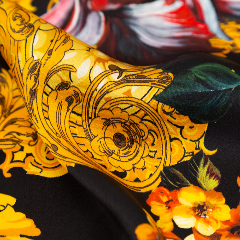 Mood Exclusive Italian Black and Gold Ornate Floral Digitally Printed Silk Charmeuse Detail