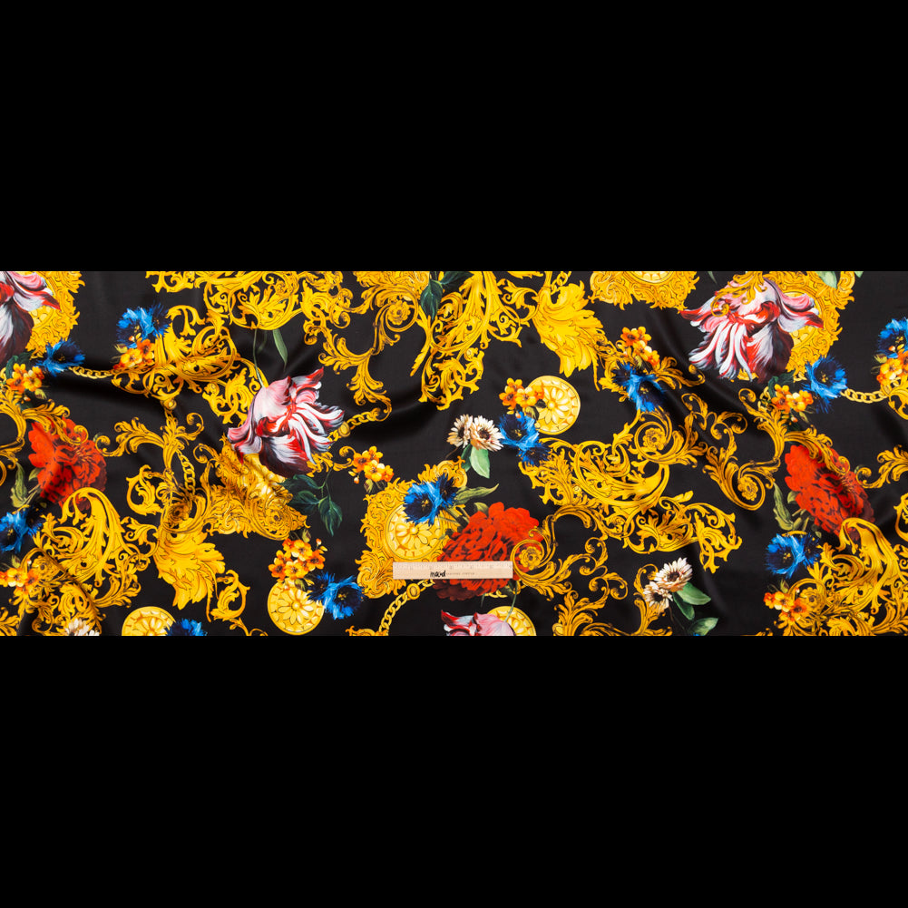 Mood Exclusive Italian Black and Gold Ornate Floral Digitally Printed Silk Charmeuse Full