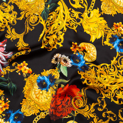 Mood Exclusive Italian Black and Gold Ornate Floral Digitally Printed Silk Charmeuse
