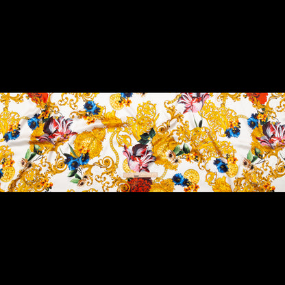 Italian White and Gold Ornate Floral Digitally Printed Silk Charmeuse - Folded