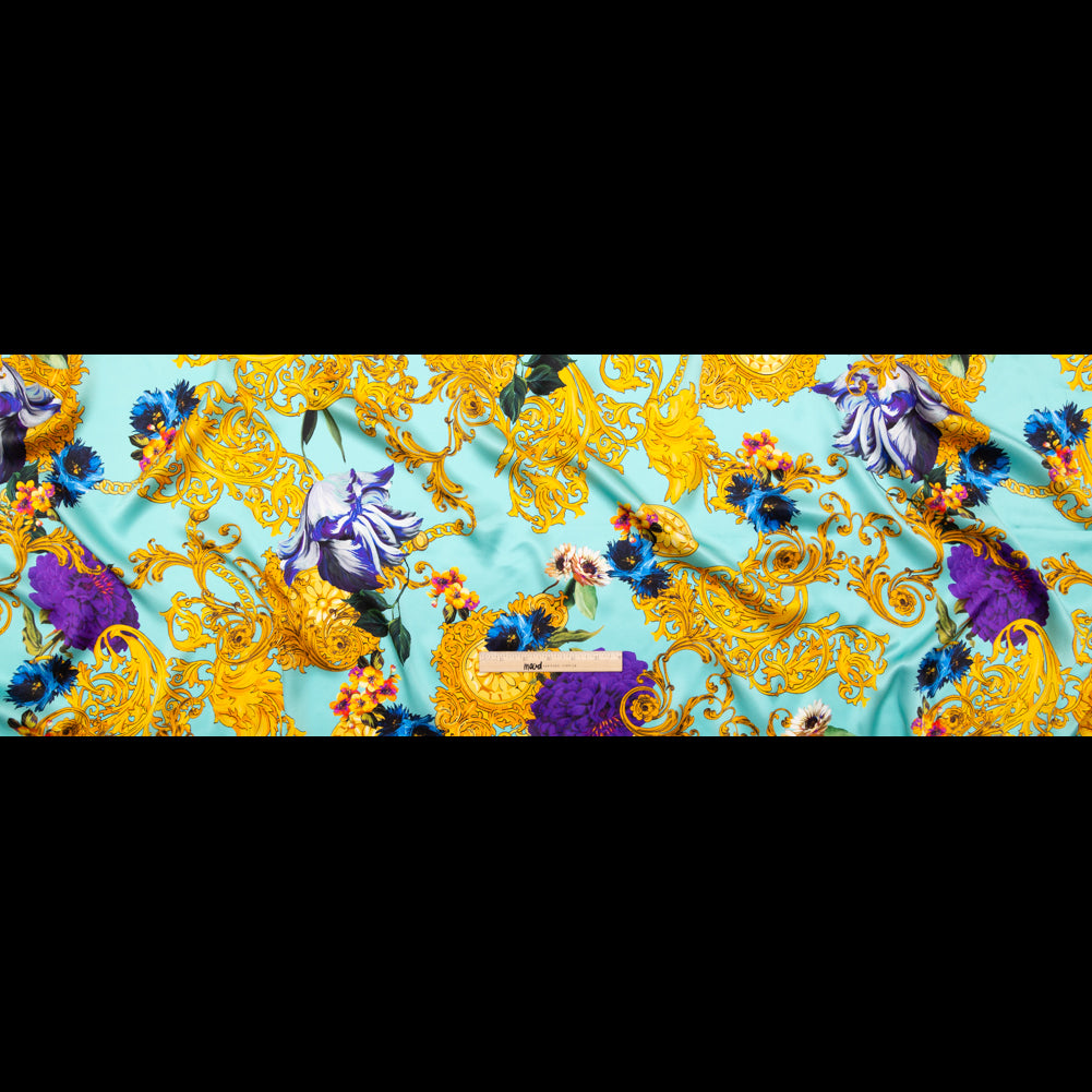 Italian Turquoise and Gold Ornate Floral Digitally Printed Silk Charmeuse - Folded