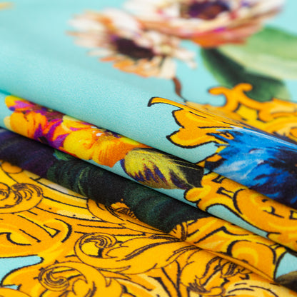 Italian Turquoise and Gold Ornate Floral Digitally Printed Silk Charmeuse - Detail
