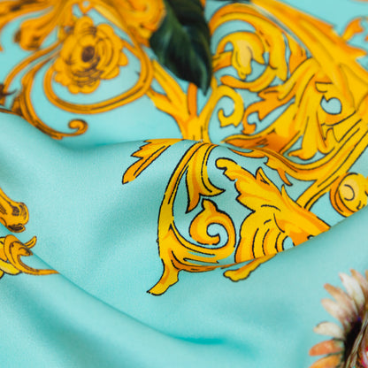 Italian Turquoise and Gold Ornate Floral Digitally Printed Silk Charmeuse - Full