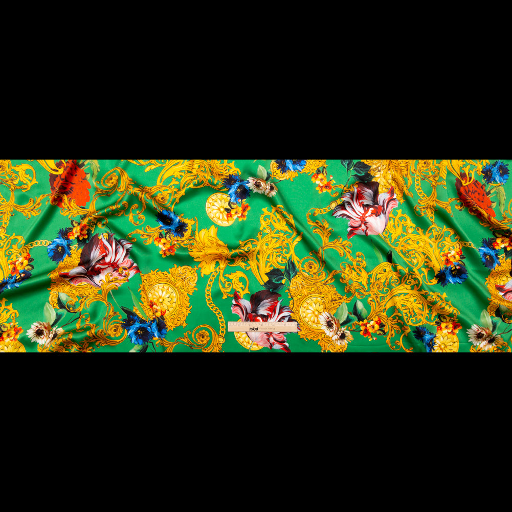 Mood Exclusive Italian Kelly Green and Gold Ornate Floral Digitally Printed Silk Charmeuse Folded