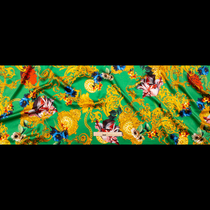 Mood Exclusive Italian Kelly Green and Gold Ornate Floral Digitally Printed Silk Charmeuse Folded
