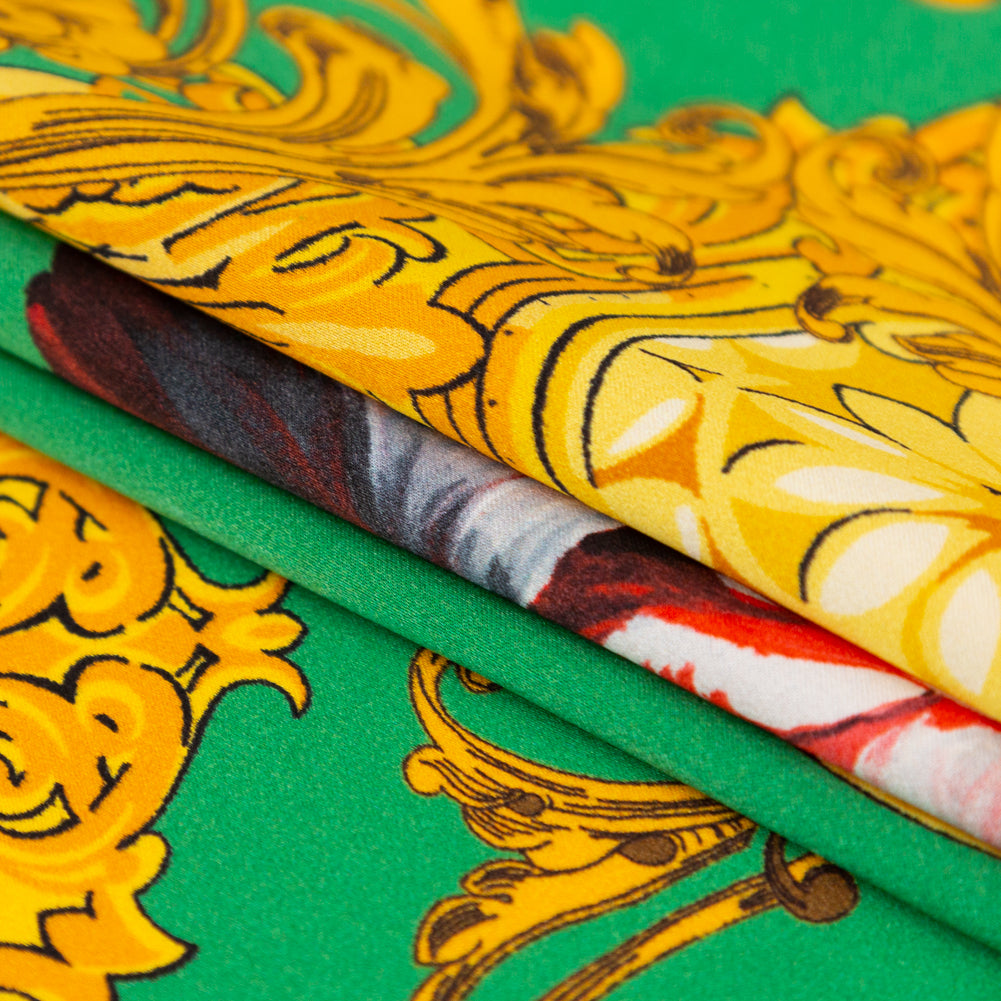 Mood Exclusive Italian Kelly Green and Gold Ornate Floral Digitally Printed Silk Charmeuse Detail