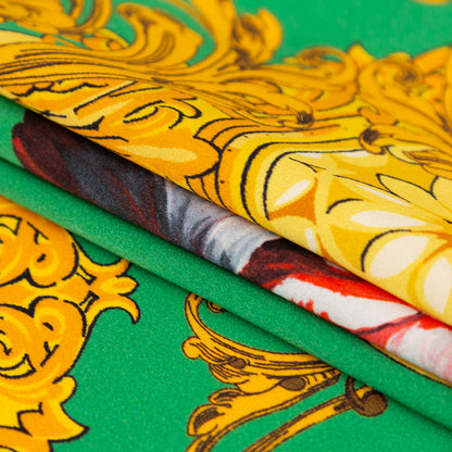 Mood Exclusive Italian Kelly Green and Gold Ornate Floral Digitally Printed Silk Charmeuse Detail