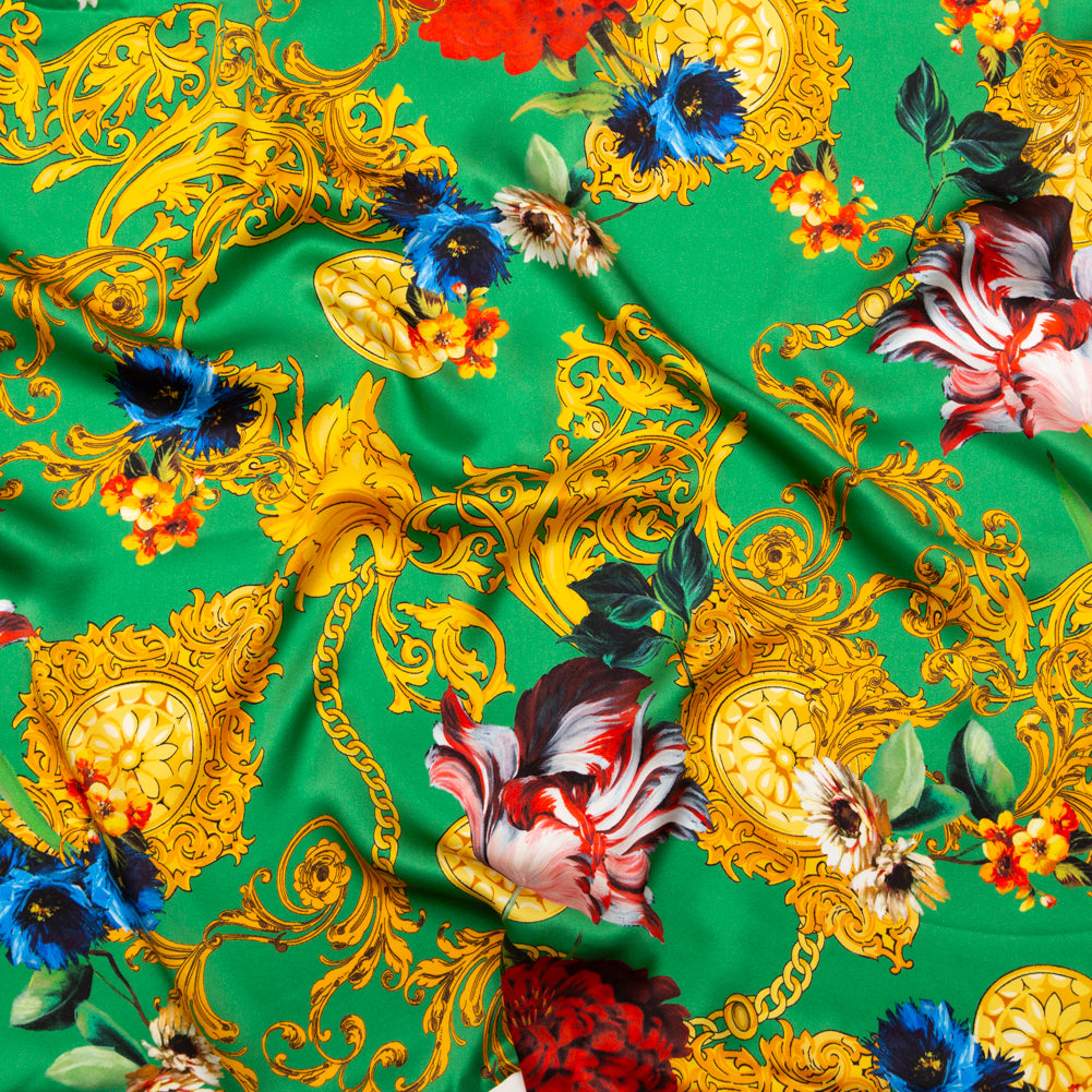 Mood Exclusive Italian Kelly Green and Gold Ornate Floral Digitally Printed Silk Charmeuse