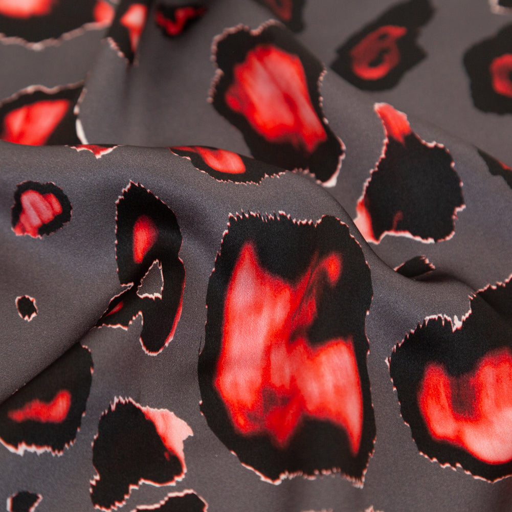 Mood Exclusive Italian Gray and Red Abstract Digitally Printed Silk Charmeuse Full