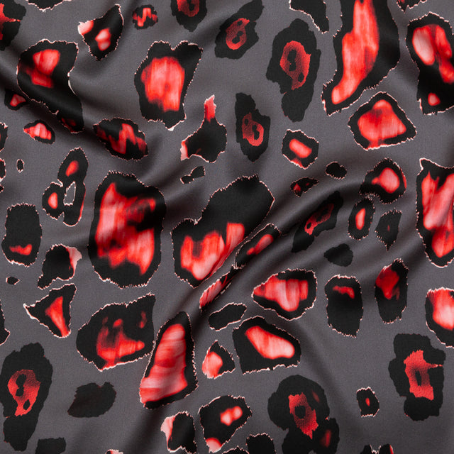 Mood Exclusive Italian Gray and Red Abstract Digitally Printed Silk Charmeuse