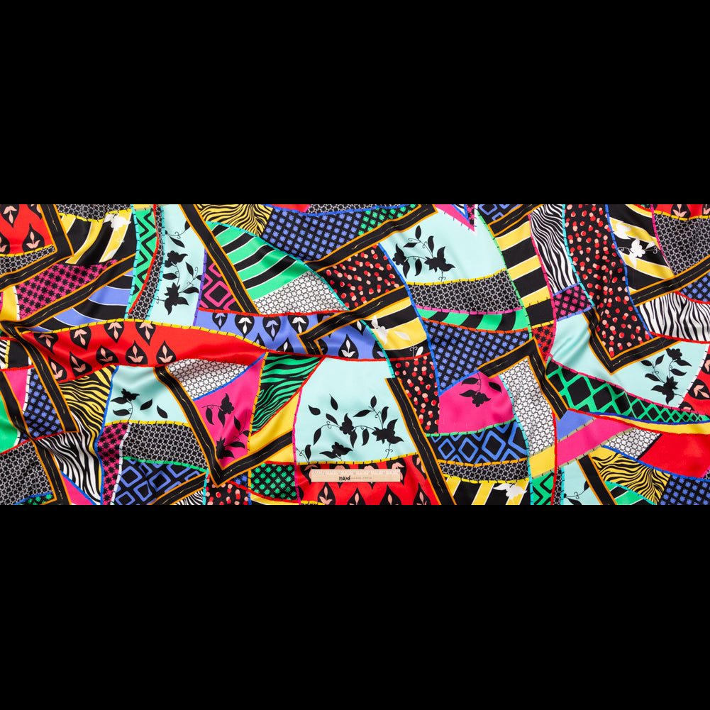 Italian Multicolor Patchwork Pattern Play Digitally Printed Silk Charmeuse - Folded