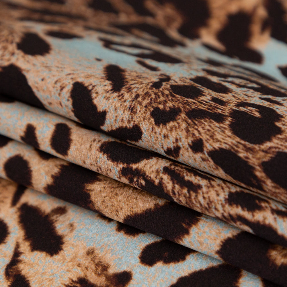 Italian Aqua and Brown Jaguar Digitally Printed Silk Charmeuse - Detail