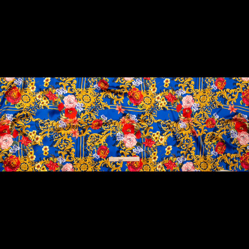 Italian Blue, Red and Gold Ornate Floral Digitally Printed Silk Charmeuse - Folded