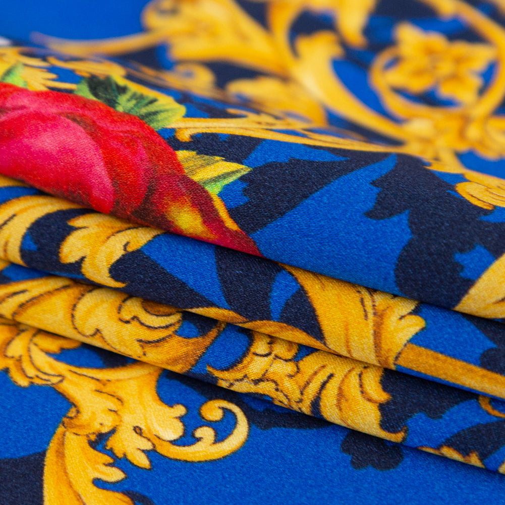 Italian Blue, Red and Gold Ornate Floral Digitally Printed Silk Charmeuse - Detail