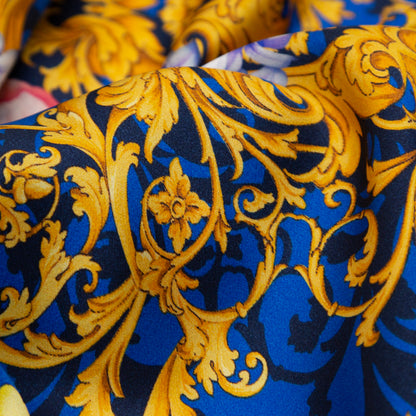 Italian Blue, Red and Gold Ornate Floral Digitally Printed Silk Charmeuse - Full