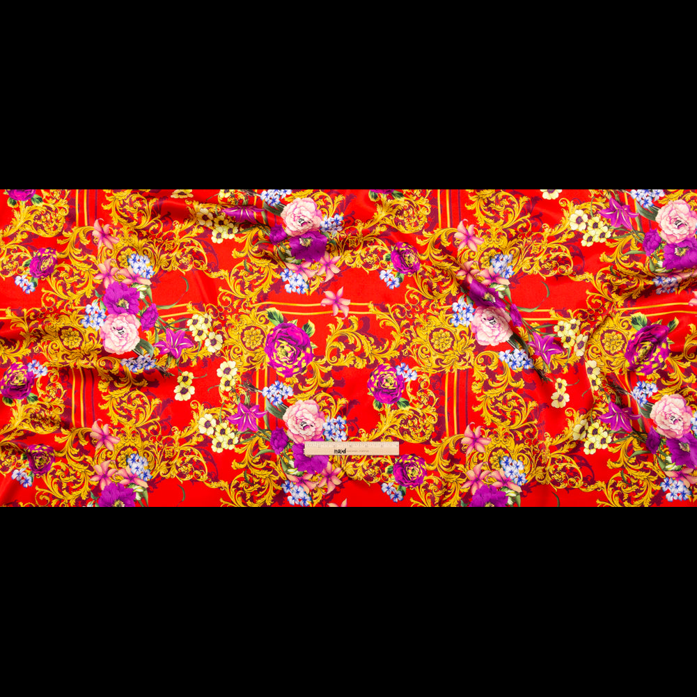 Italian Red, Gold and Purple Ornate Floral Digitally Printed Silk Charmeuse - Folded