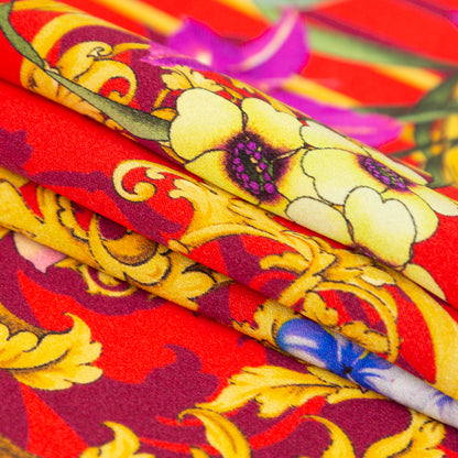Italian Red, Gold and Purple Ornate Floral Digitally Printed Silk Charmeuse - Detail