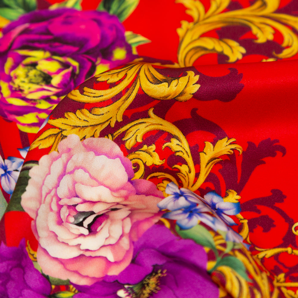 Italian Red, Gold and Purple Ornate Floral Digitally Printed Silk Charmeuse - Full