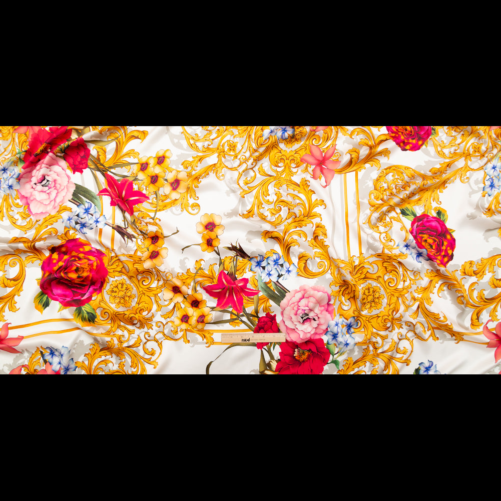 Mood Exclusive Italian White, Blush and Gold Ornate Floral Digitally Printed Silk Charmeuse Folded