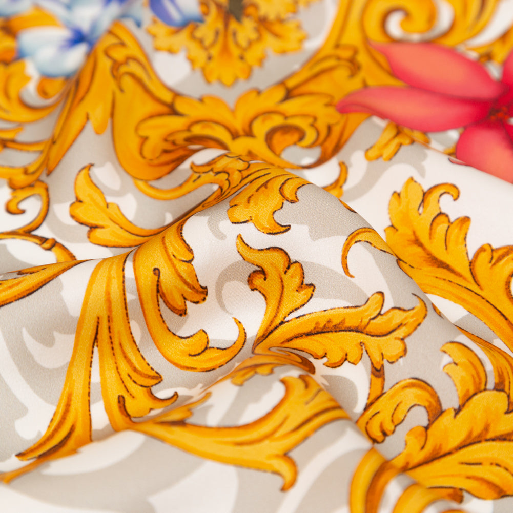 Mood Exclusive Italian White, Blush and Gold Ornate Floral Digitally Printed Silk Charmeuse Full