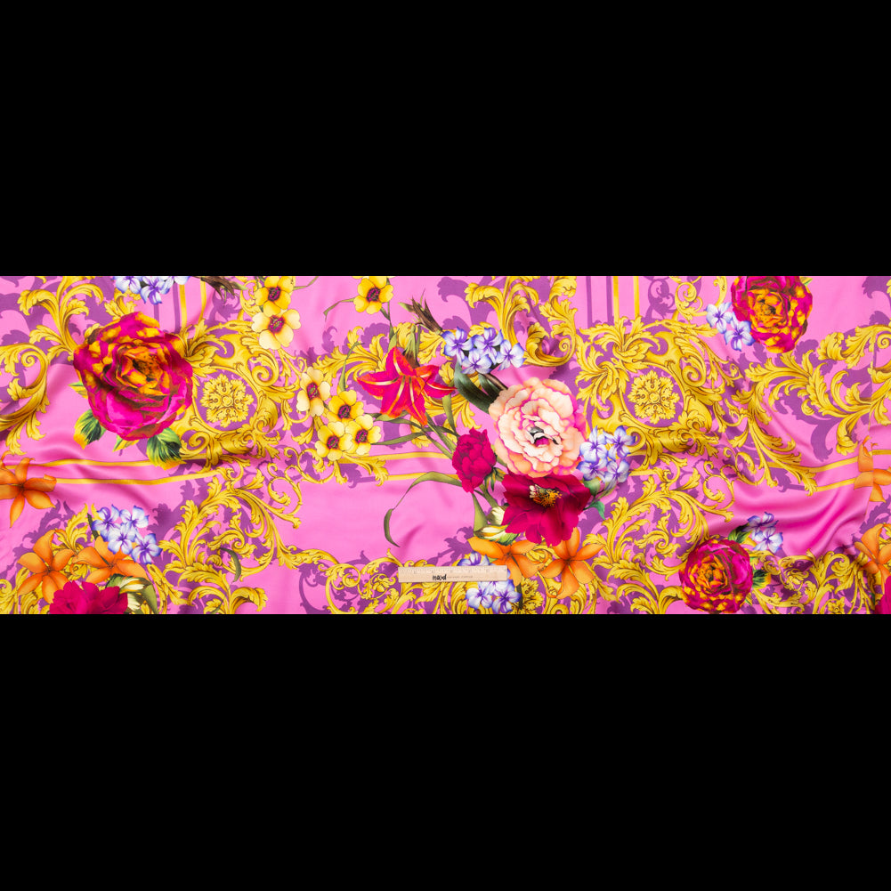 Italian Pink and Gold Ornate Floral Digitally Printed Silk Charmeuse - Folded