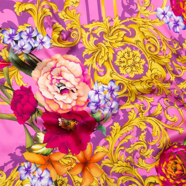 Italian Pink and Gold Ornate Floral Digitally Printed Silk Charmeuse