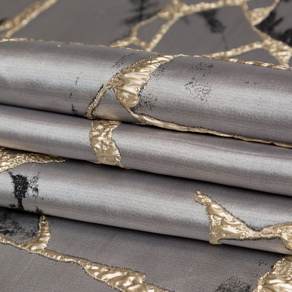 Metallic Gold, London Fog and Black Satin-Faced Abstract Luxury Brocade Folded