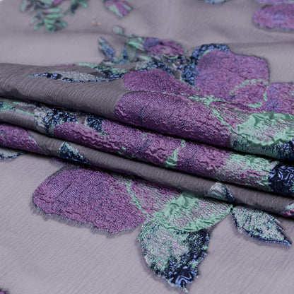 Metallic Blue Morpho, Periscope, Dark Ivy and Purple Gumdrop Floral Luxury Organza Brocade - Folded