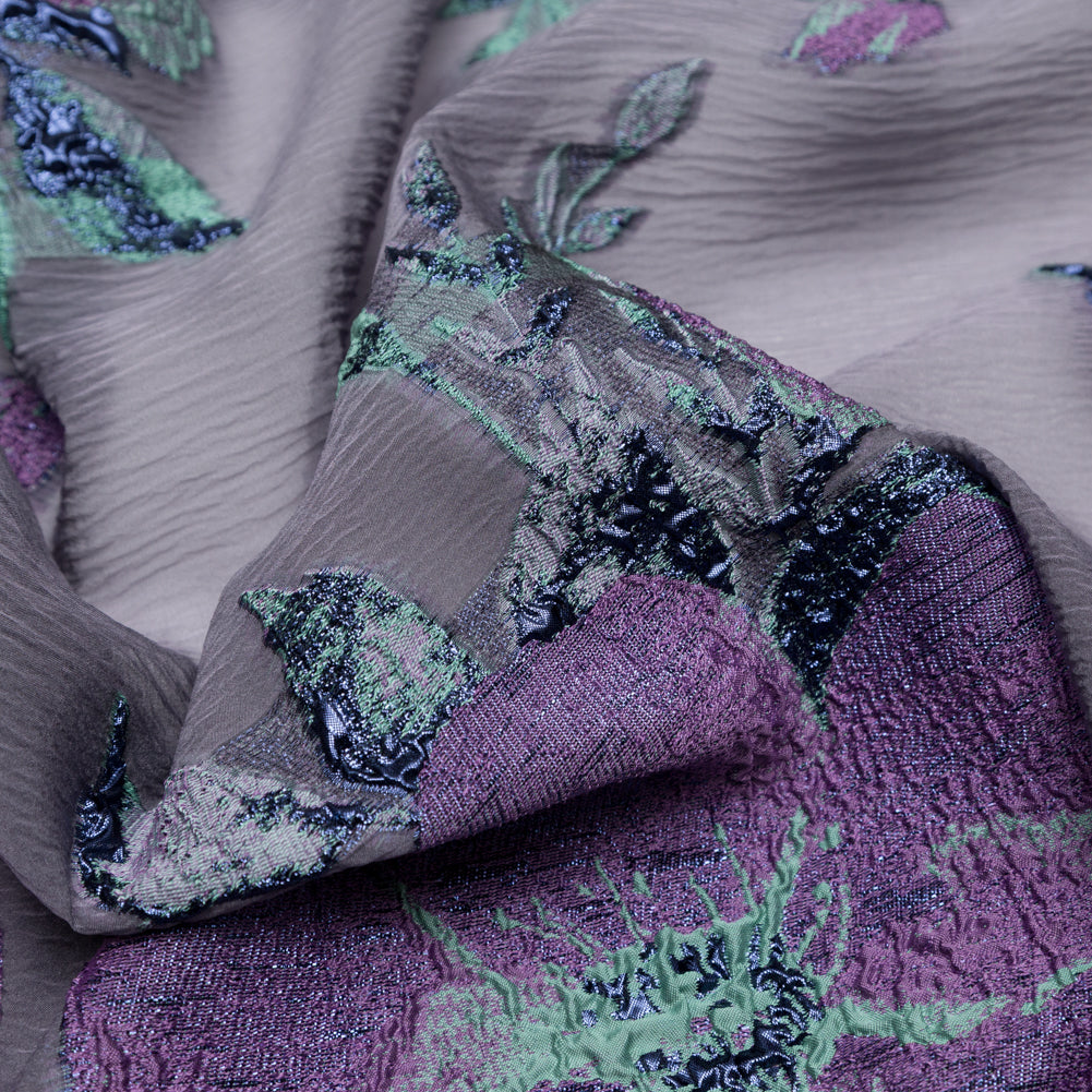 Metallic Blue Morpho, Periscope, Dark Ivy and Purple Gumdrop Floral Luxury Organza Brocade - Detail