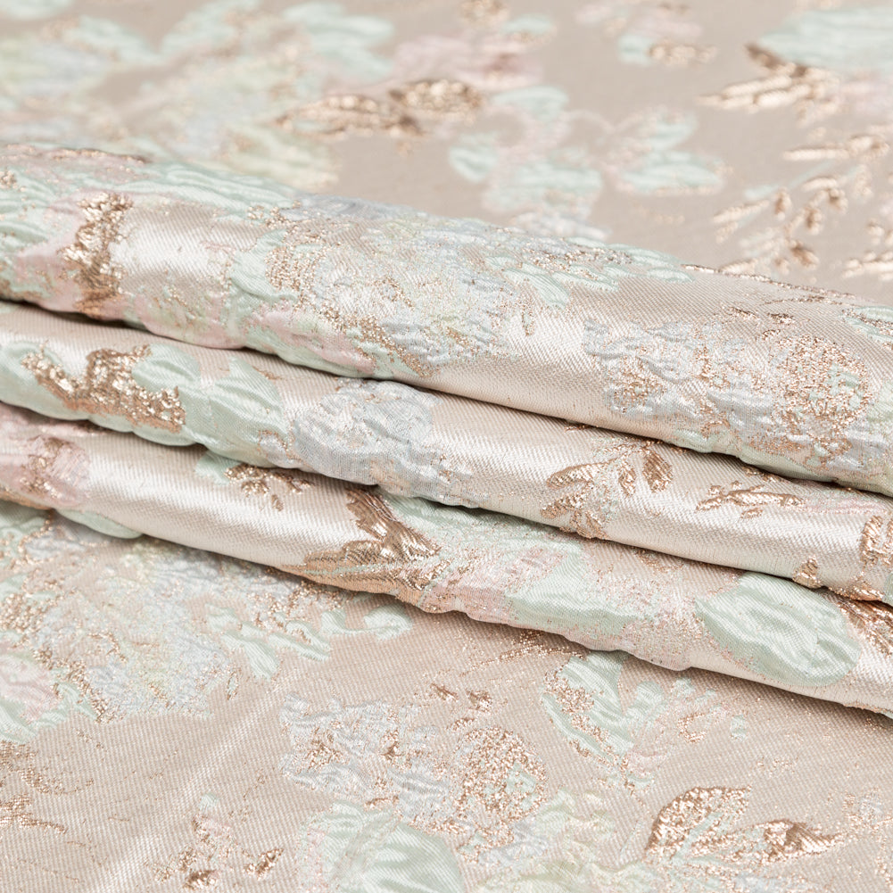 Metallic Bright Gold, Milky Green and Icelandic Blue Floral Luxury Brocade - Folded