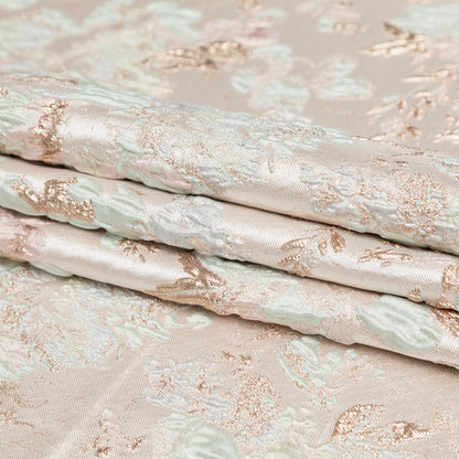 Metallic Bright Gold, Milky Green and Icelandic Blue Floral Luxury Brocade - Folded