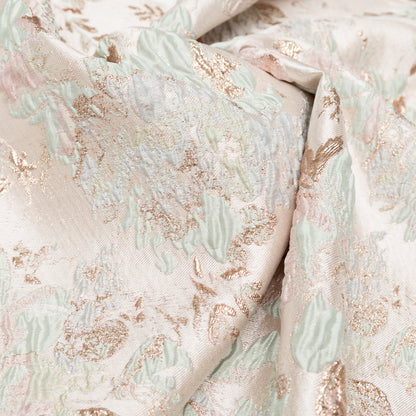 Metallic Bright Gold, Milky Green and Icelandic Blue Floral Luxury Brocade - Detail