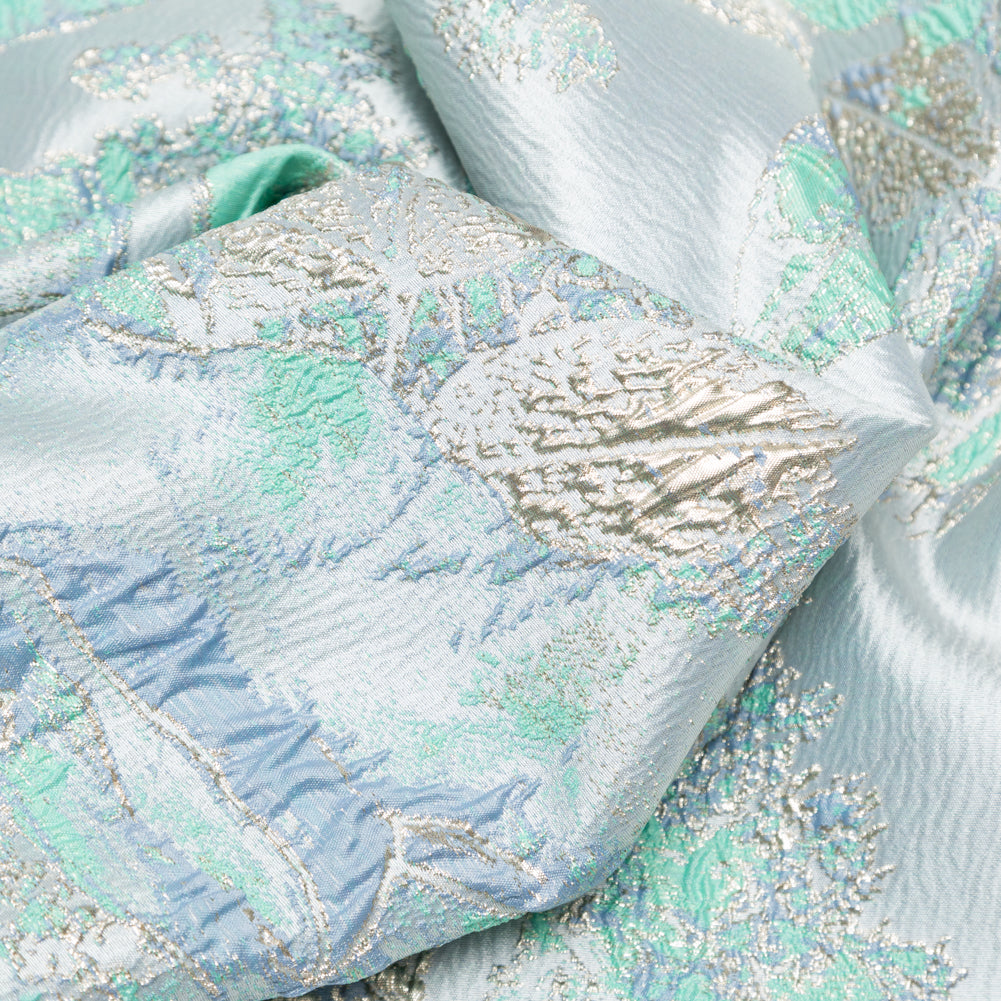 Metallic Golden Egg, Pearl Blue and Neptune Green Floral Luxury Brocade - Folded