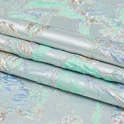 Metallic Golden Egg, Pearl Blue and Neptune Green Floral Luxury Brocade - Detail