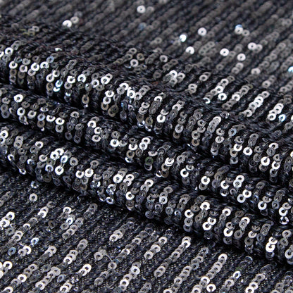 Silver Striped Baby Sequins on Black Stretch Mesh - Folded