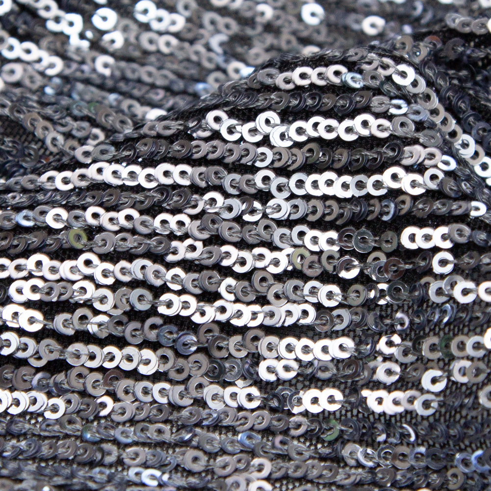 Silver Striped Baby Sequins on Black Stretch Mesh - Detail