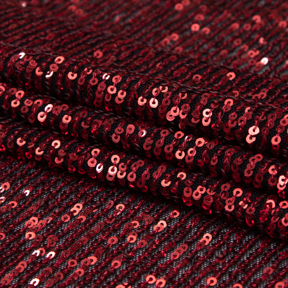 Red Striped Baby Sequins on Black Stretch Mesh - Detail