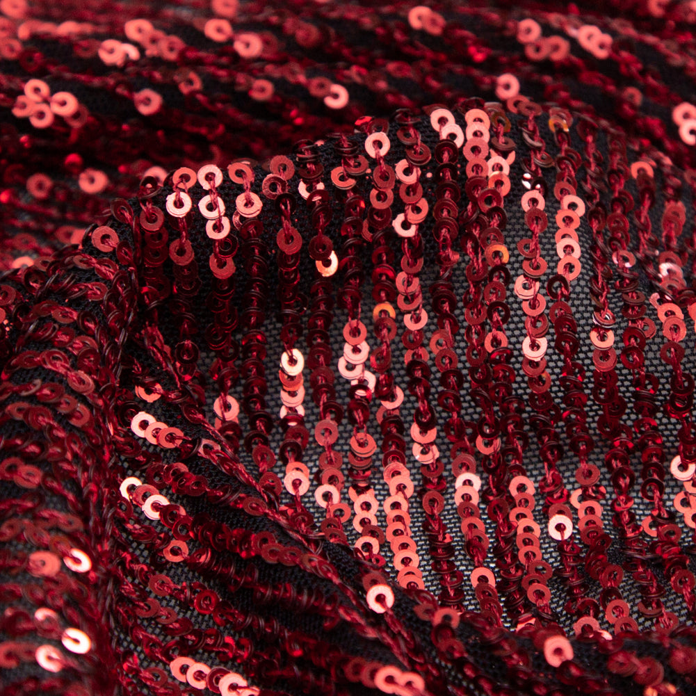 Red Striped Baby Sequins on Black Stretch Mesh - Full