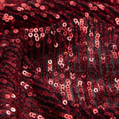 Red Striped Baby Sequins on Black Stretch Mesh - Full